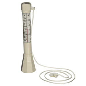 A beige Pentair R141200 No. 136 E-Z Read Combo Sink Or Float Thermometer with temperature readings in fahrenheit, including a cord for easy handling.